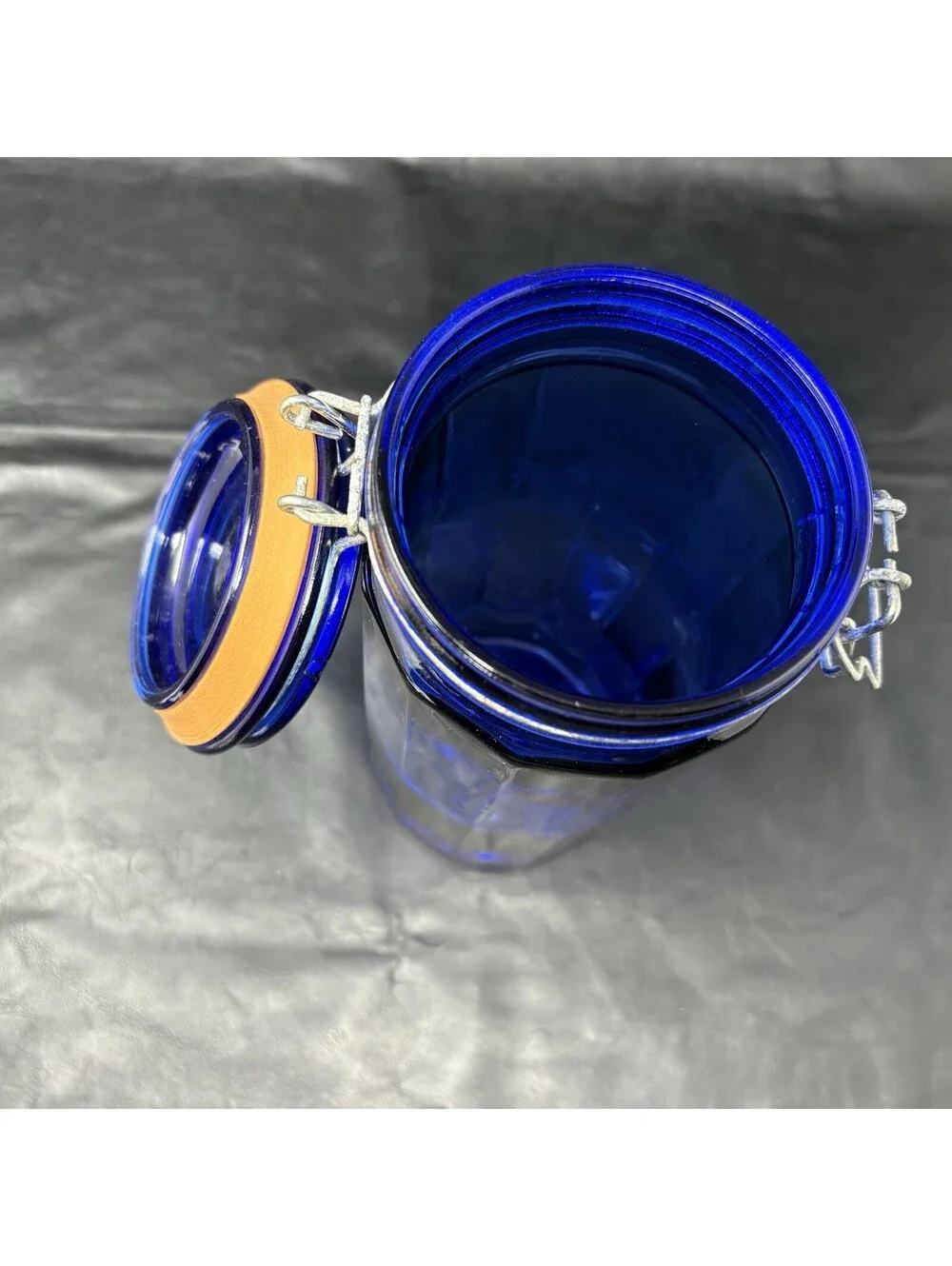 Cobalt Blue Jar Glass Storage Holder With Attached Wire Locking Lid 10” Tall
